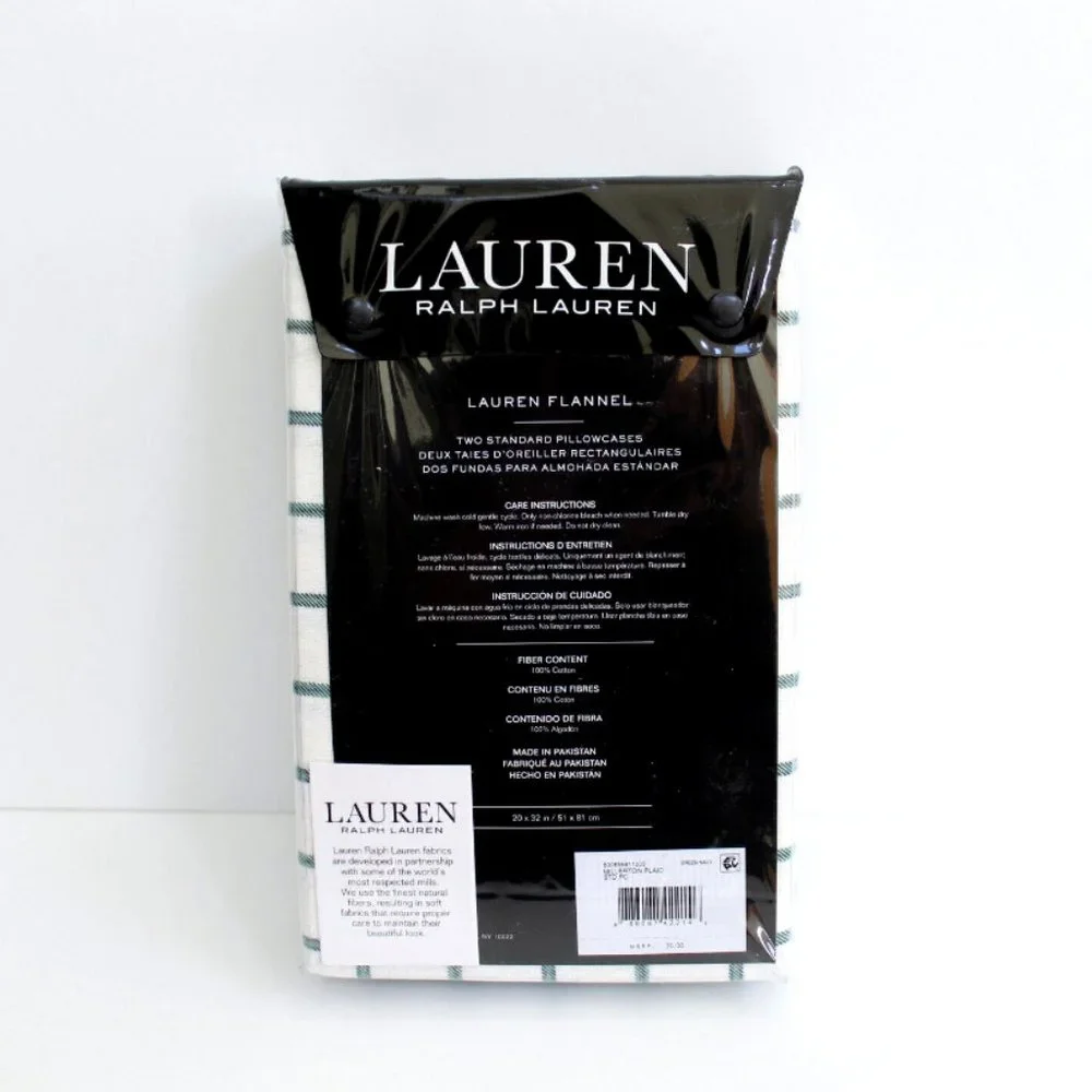 Lauren Ralph Lauren Millerton Plaid 2Pk Flannel Standard Pillowcases White Green